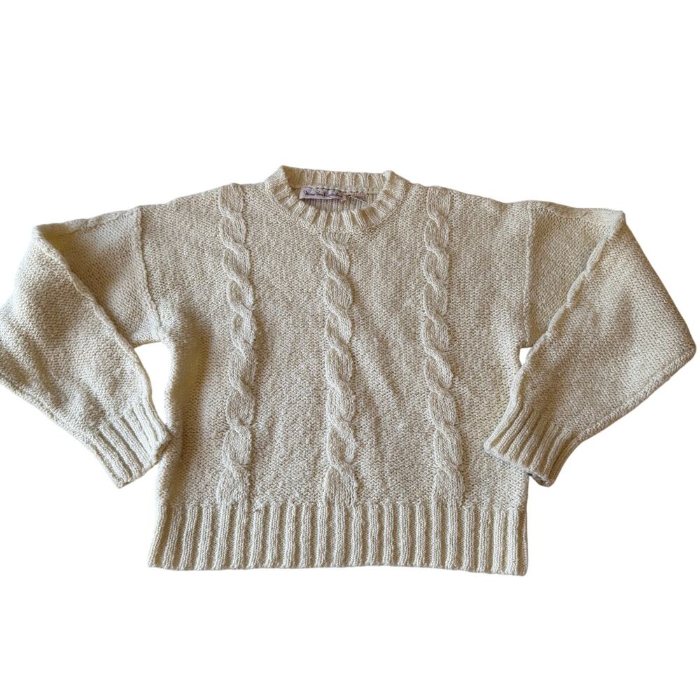 Vtg Y2K 2000s Cream Cable Knit Pullover Sweater Sz L Fisherman Preppy